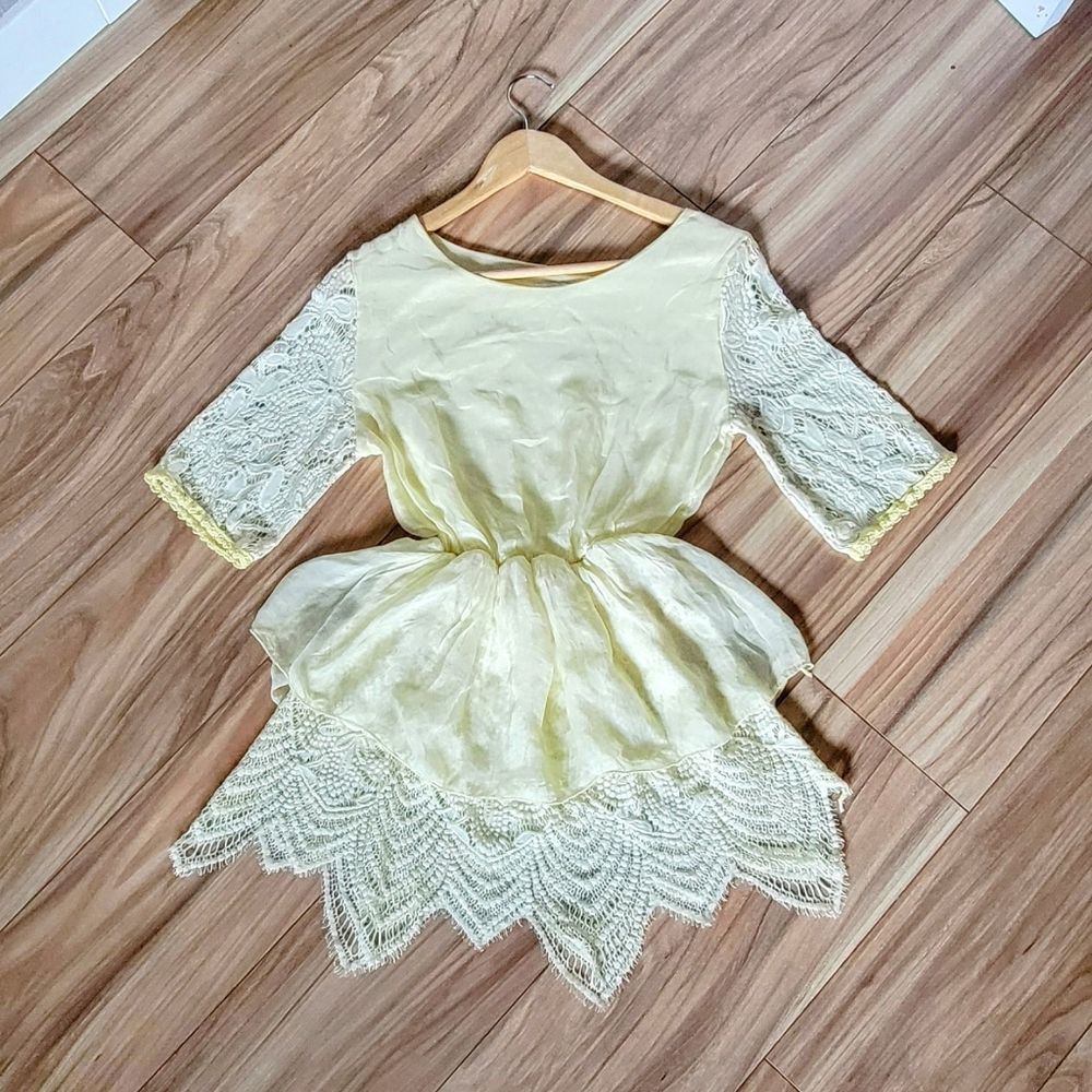 Made in Italy Peplum Lace Crochet Organza Silk Half Sleeve Yellow Blouse
